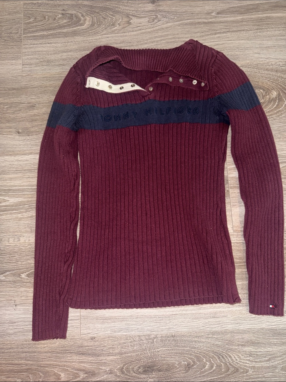 Tommy Hilfiger Burgundy Ribbed Sweater with Navy Stripe
